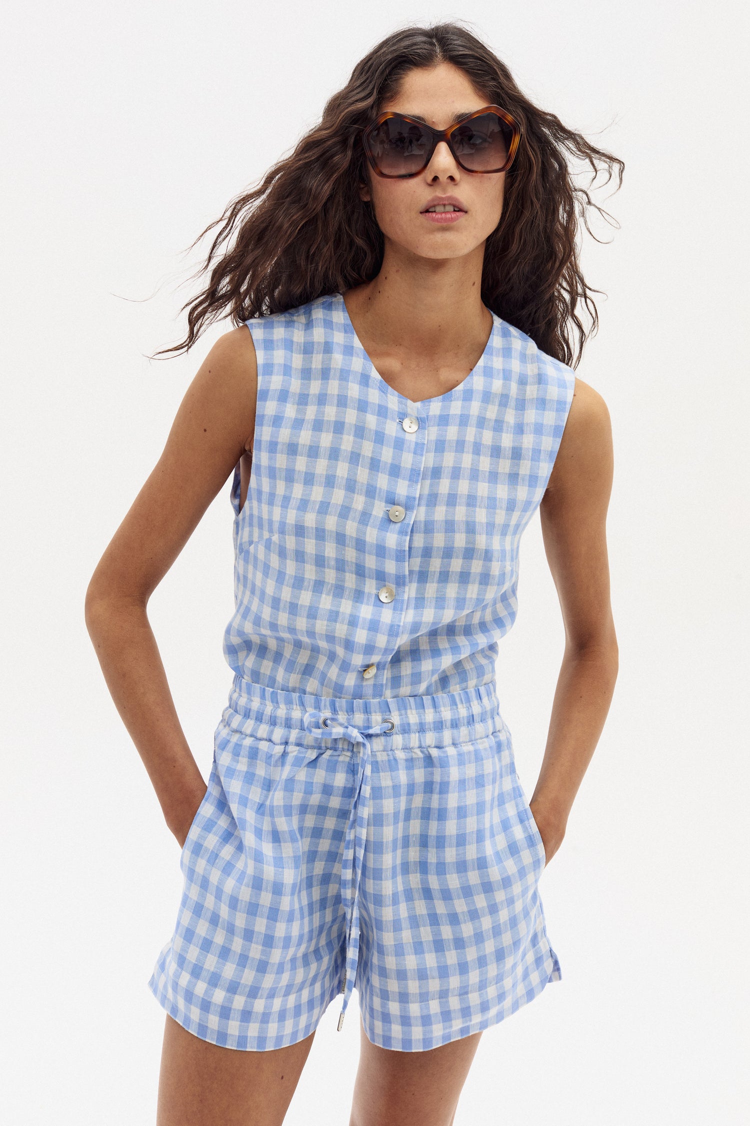 Short Iris en Lino - Denim Vichy Checks