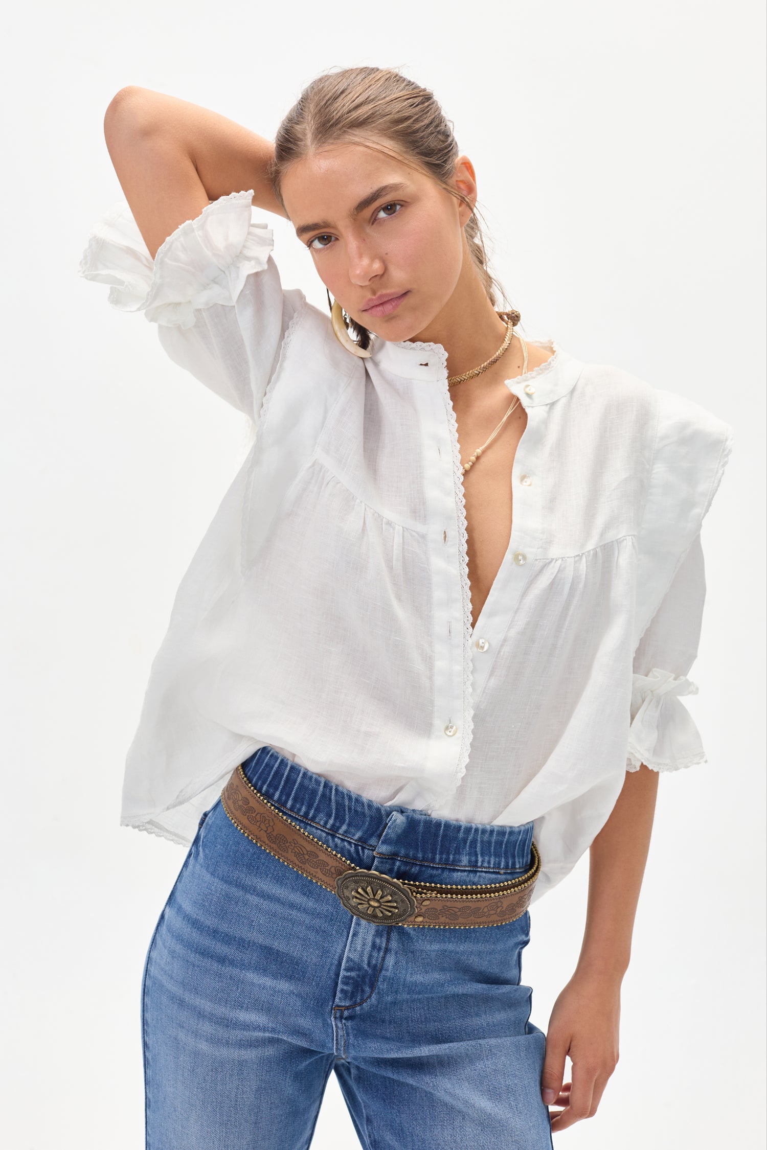 Camisa Folk en Lino - Blanca